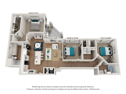 Floor plan for 3 beds, 2 baths, 1518 sqft